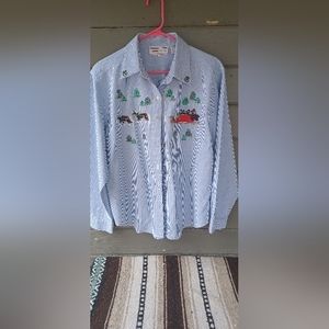 Vintage Womens Size L Blue Long Sleeve Collar Stripe Christmas Button Down Shirt